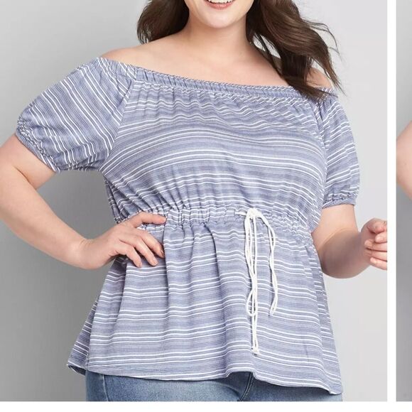 Lane Bryant Womens 14/16 chambray off the shoulder peplum drawstring waist top - Picture 1 of 8